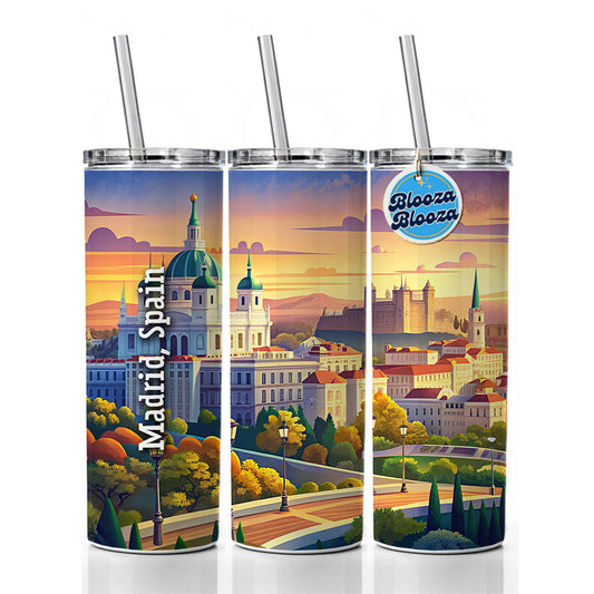 Madrid, Spain Travel City Country Stamp Skinny Tumbler 20oz with Straw Insulated Water Bottle Gift