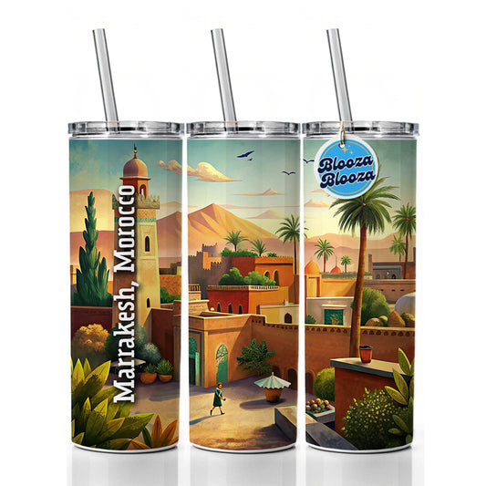 Marrakesh, Morocco Travel City Country Stamp Skinny Tumbler 20oz with Straw Insulated Water Bottle Gift