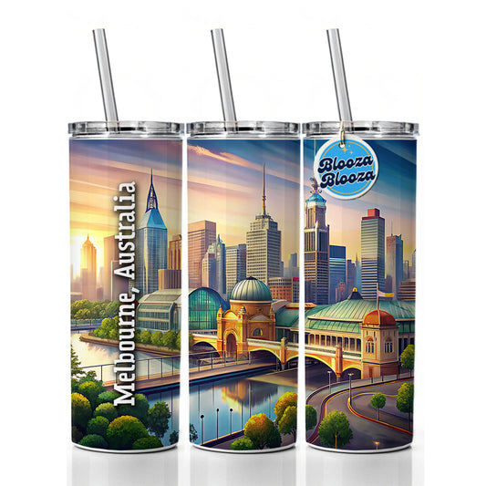 Melbourne, Australia Travel City Country Stamp Skinny Tumbler 20oz with Straw Insulated Water Bottle Gift