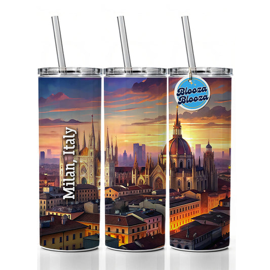Milan, Italy Travel City Country Stamp Skinny Tumbler 20oz with Straw Insulated Water Bottle Gift
