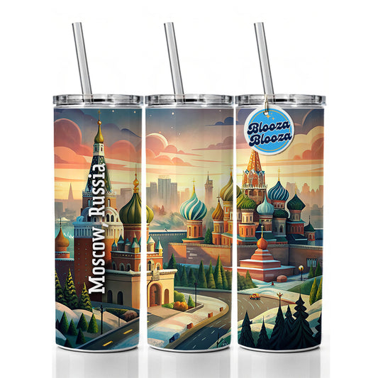 Moscow, Russia Travel City Country Stamp Skinny Tumbler 20oz with Straw Insulated Water Bottle Gift