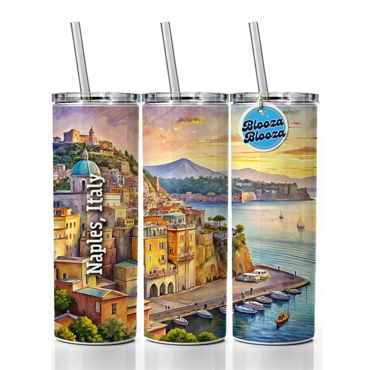 Naples, Italy Travel City Country Stamp Skinny Tumbler 20oz with Straw Insulated Water Bottle Gift