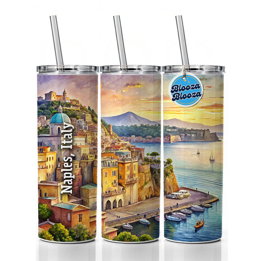 Naples, Italy Travel City Country Stamp Skinny Tumbler 20oz with Straw Insulated Water Bottle Gift