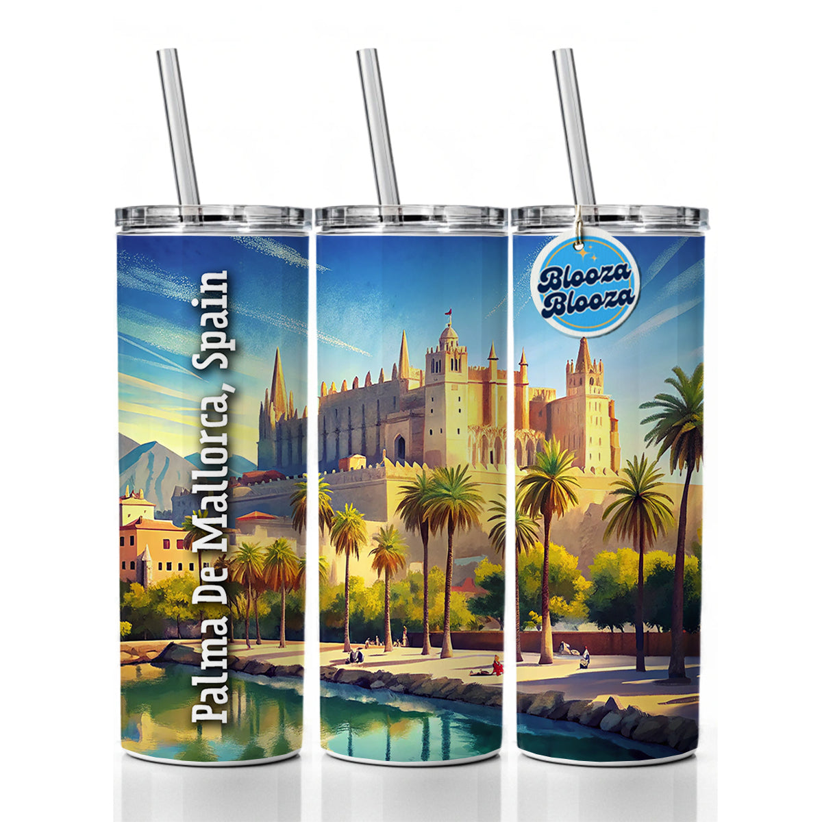 Palma De Mallorca, Spain Travel City Country Stamp Skinny Tumbler 20oz with Straw Insulated Water Bottle Gift