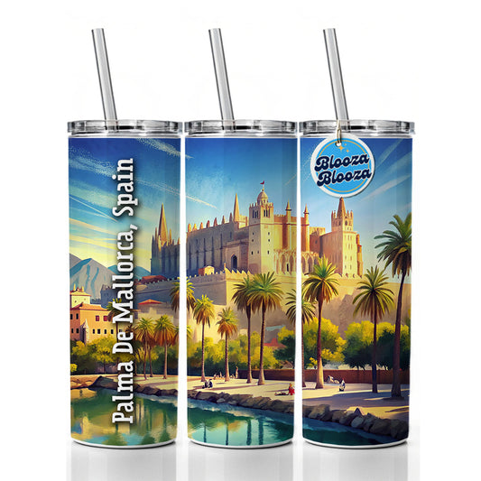 Palma De Mallorca, Spain Travel City Country Stamp Skinny Tumbler 20oz with Straw Insulated Water Bottle Gift