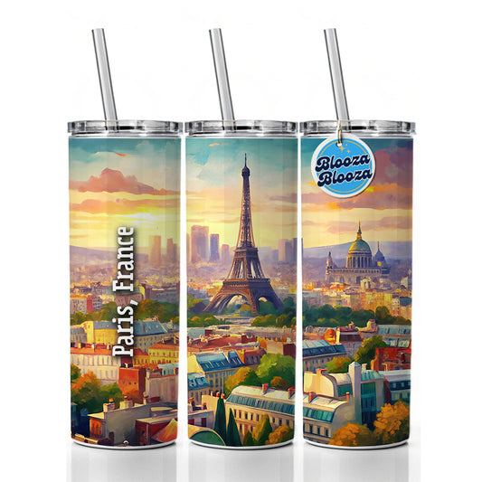 Paris, France Travel City Country Stamp Skinny Tumbler 20oz with Straw Insulated Water Bottle Gift