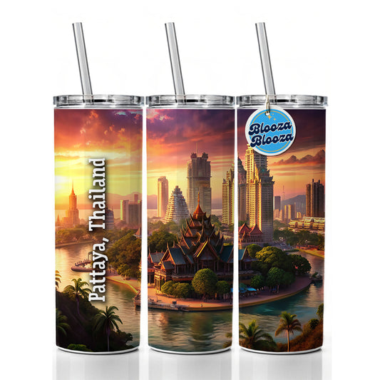 Pattaya, Thailand Travel City Country Stamp Skinny Tumbler 20oz with Straw Insulated Water Bottle Gift