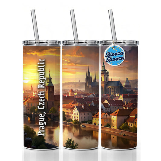 Prague, Czech Republic Travel City Country Stamp Skinny Tumbler 20oz with Straw Insulated Water Bottle Gift