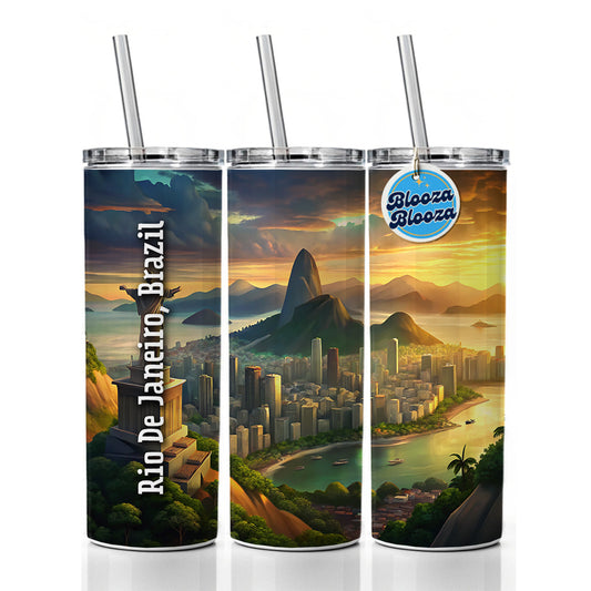 Rio De Janeiro, Brazil Travel City Country Stamp Skinny Tumbler 20oz with Straw Insulated Water Bottle Gift