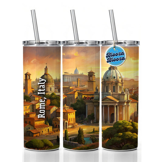 Rome, Italy Travel City Country Stamp Skinny Tumbler 20oz with Straw Insulated Water Bottle Gift
