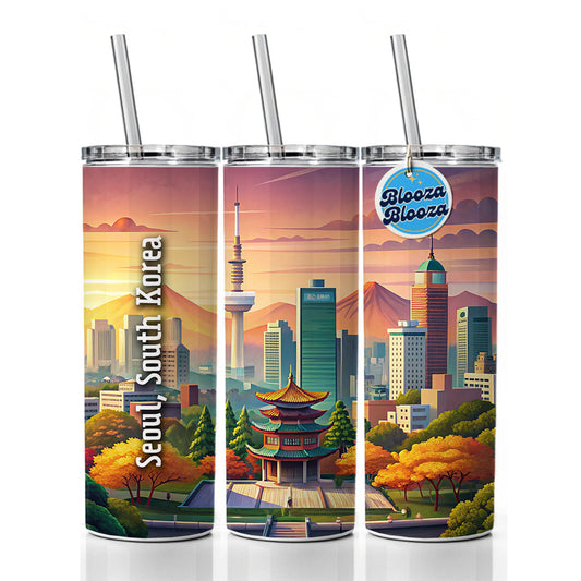 Seoul, South Korea Travel City Country Stamp Skinny Tumbler 20oz with Straw Insulated Water Bottle Gift