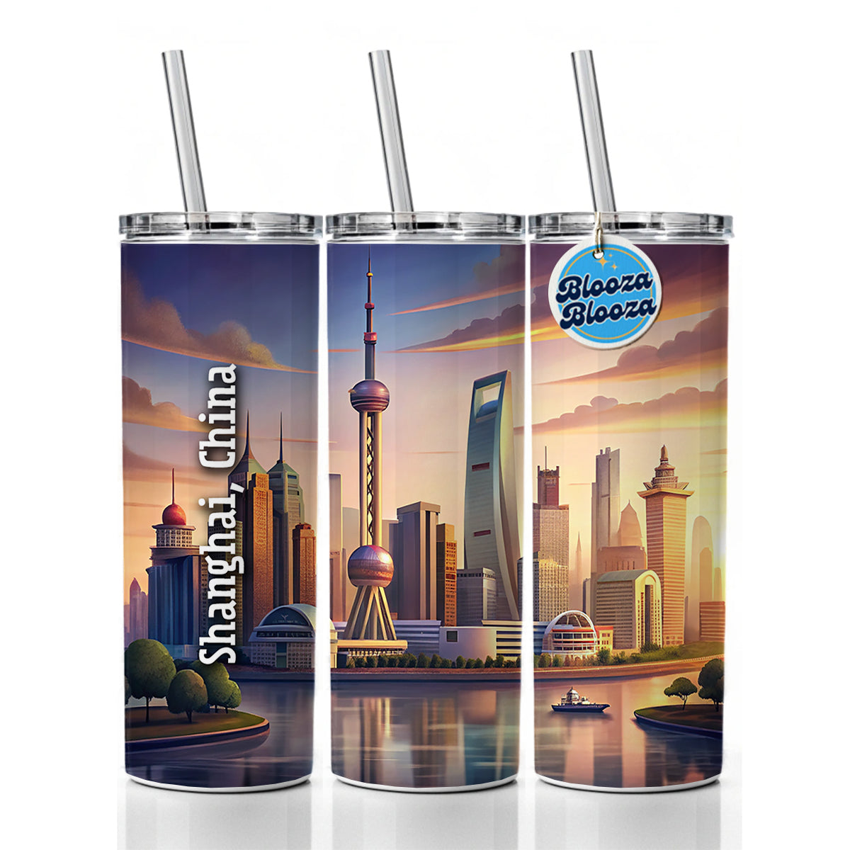 Shanghai, China Travel City Country Stamp Skinny Tumbler 20oz with Straw Insulated Water Bottle Gift