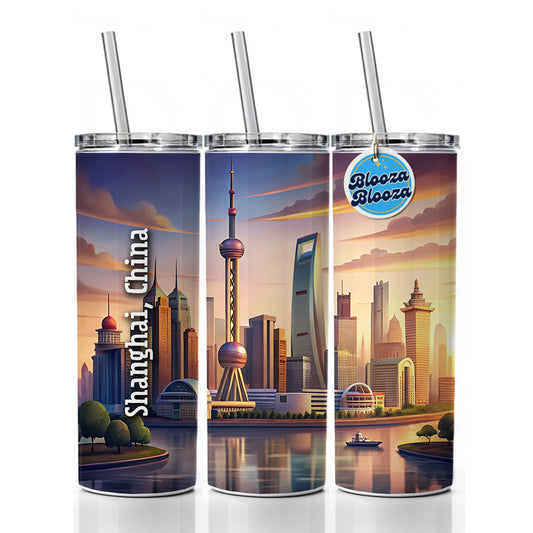 Shanghai, China Travel City Country Stamp Skinny Tumbler 20oz with Straw Insulated Water Bottle Gift