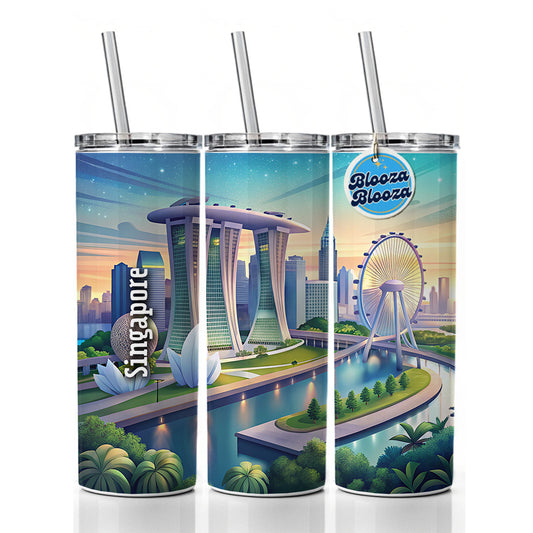 Singapore Travel City Country Stamp Skinny Tumbler 20oz with Straw Insulated Water Bottle Gift