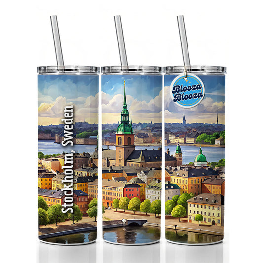 Stockholm, Sweden Travel City Country Stamp Skinny Tumbler 20oz with Straw Insulated Water Bottle Gift