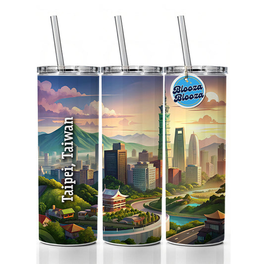 Taipei, Taiwan Travel City Country Stamp Skinny Tumbler 20oz with Straw Insulated Water Bottle Gift