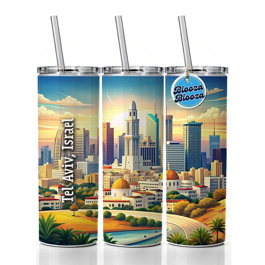 Tel Aviv, Israel Travel City Country Stamp Skinny Tumbler 20oz with Straw Insulated Water Bottle Gift
