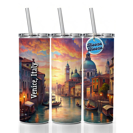 Venice, Italy Travel City Country Stamp Skinny Tumbler 20oz with Straw Insulated Water Bottle Gift