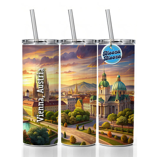 Vienna, Austria Travel City Country Stamp Skinny Tumbler 20oz with Straw Insulated Water Bottle Gift