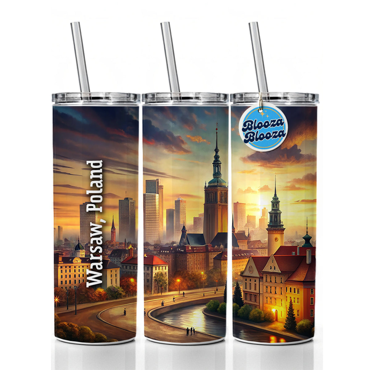 Warsaw, Poland Travel City Country Stamp Skinny Tumbler 20oz with Straw Insulated Water Bottle Gift