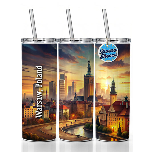 Warsaw, Poland Travel City Country Stamp Skinny Tumbler 20oz with Straw Insulated Water Bottle Gift
