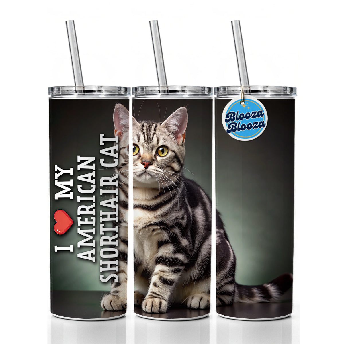 I Love My American Shorthair Cat Heart Skinny Tumbler 20oz with Straw Insulated Water Bottle Gift