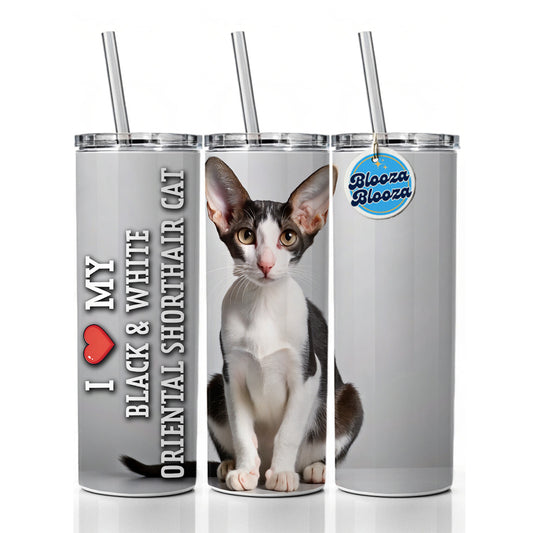 I Love My Black & White Oriental Shorthair Cat Heart Skinny Tumbler 20oz with Straw Insulated Water Bottle Gift