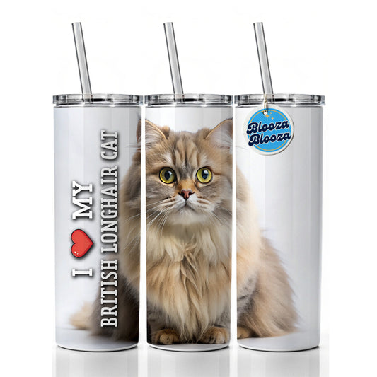I Love My British Longhair Cat Heart Skinny Tumbler 20oz with Straw Insulated Water Bottle Gift