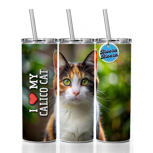 I Love My Calico Cat Heart Skinny Tumbler 20oz with Straw Insulated Water Bottle Gift