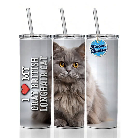 I Love My Gray British Longhair Cat Heart Skinny Tumbler 20oz with Straw Insulated Water Bottle Gift