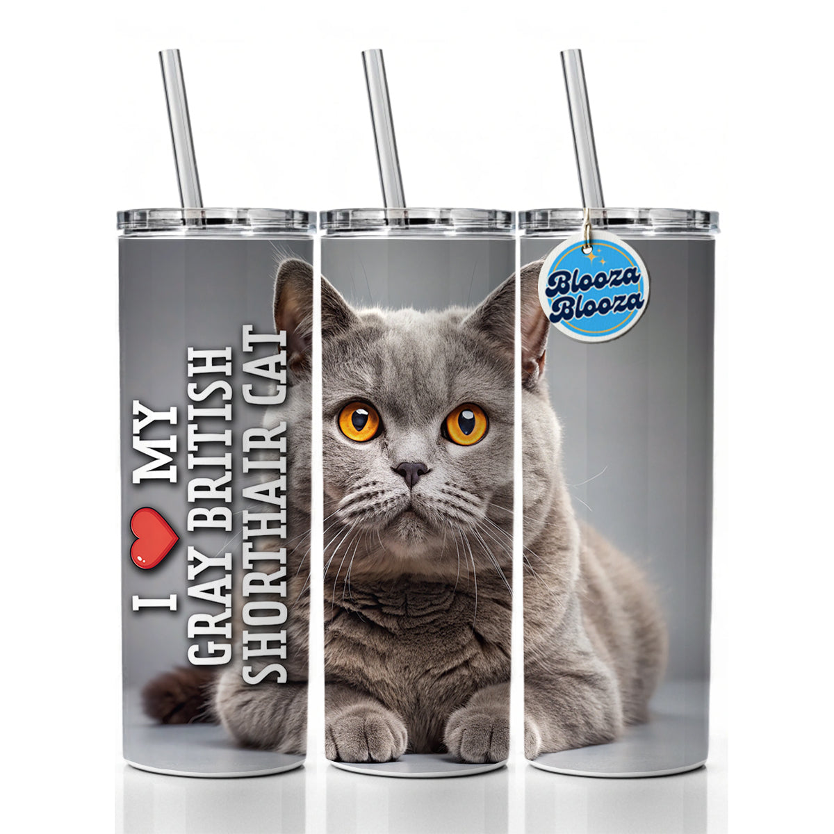 I Love My Gray British Shorthair Cat Heart Skinny Tumbler 20oz with Straw Insulated Water Bottle Gift