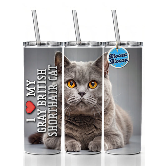 I Love My Gray British Shorthair Cat Heart Skinny Tumbler 20oz with Straw Insulated Water Bottle Gift