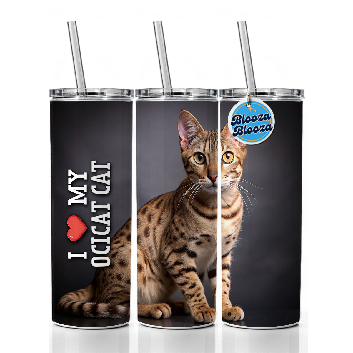 I Love My Ocicat Cat Heart Skinny Tumbler 20oz with Straw Insulated Water Bottle Gift