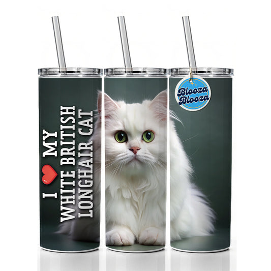 I Love My White British Longhair Cat Heart Skinny Tumbler 20oz with Straw Insulated Water Bottle Gift