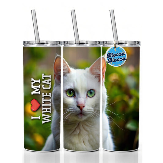 I Love My White Cat Heart Skinny Tumbler 20oz with Straw Insulated Water Bottle Gift