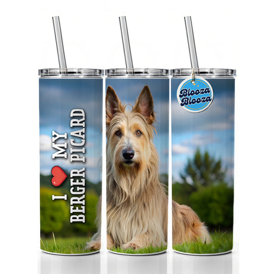 I Love My Berger Picard Dog Heart Skinny Tumbler 20oz with Straw Insulated Water Bottle Gift