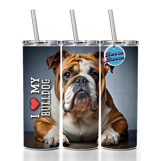 I Love My Bulldog Dog Heart Skinny Tumbler 20oz with Straw Insulated Water Bottle Gift