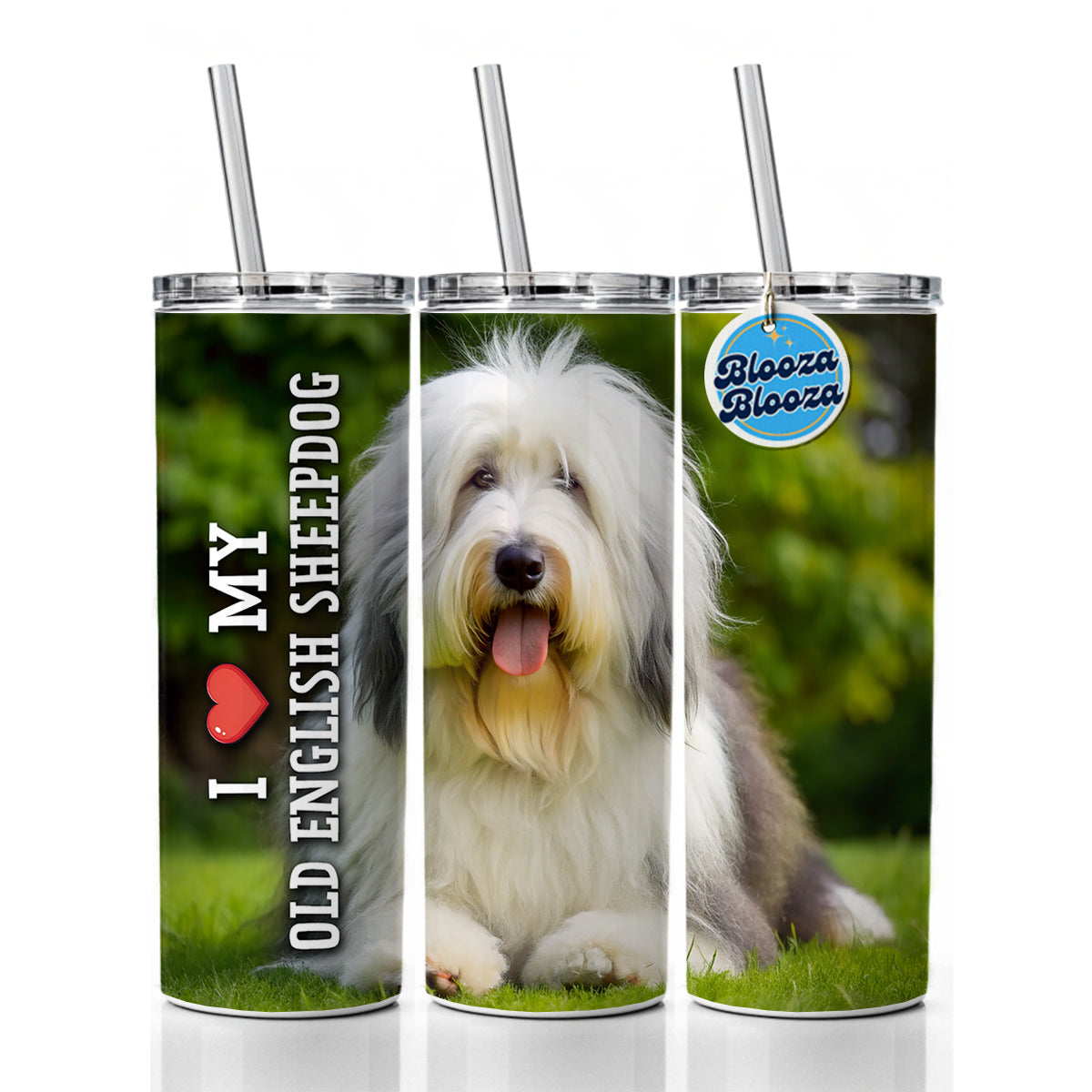 I Love My Old English Sheepdog Dog Heart Skinny Tumbler 20oz with Straw Insulated Water Bottle Gift