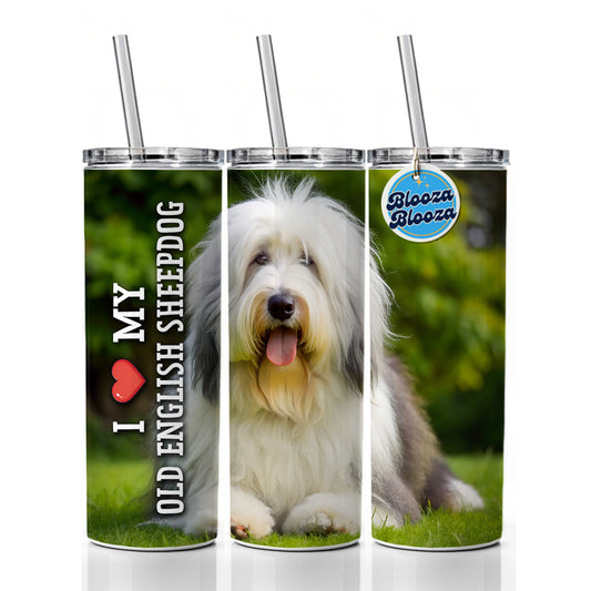 I Love My Old English Sheepdog Dog Heart Skinny Tumbler 20oz with Straw Insulated Water Bottle Gift