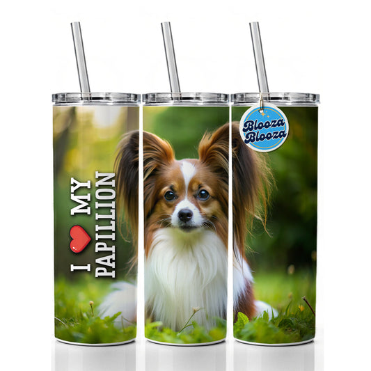 I Love My Papillion Dog Heart Skinny Tumbler 20oz with Straw Insulated Water Bottle Gift