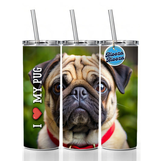 I Love My Pug Dog Heart Skinny Tumbler 20oz with Straw Insulated Water Bottle Gift