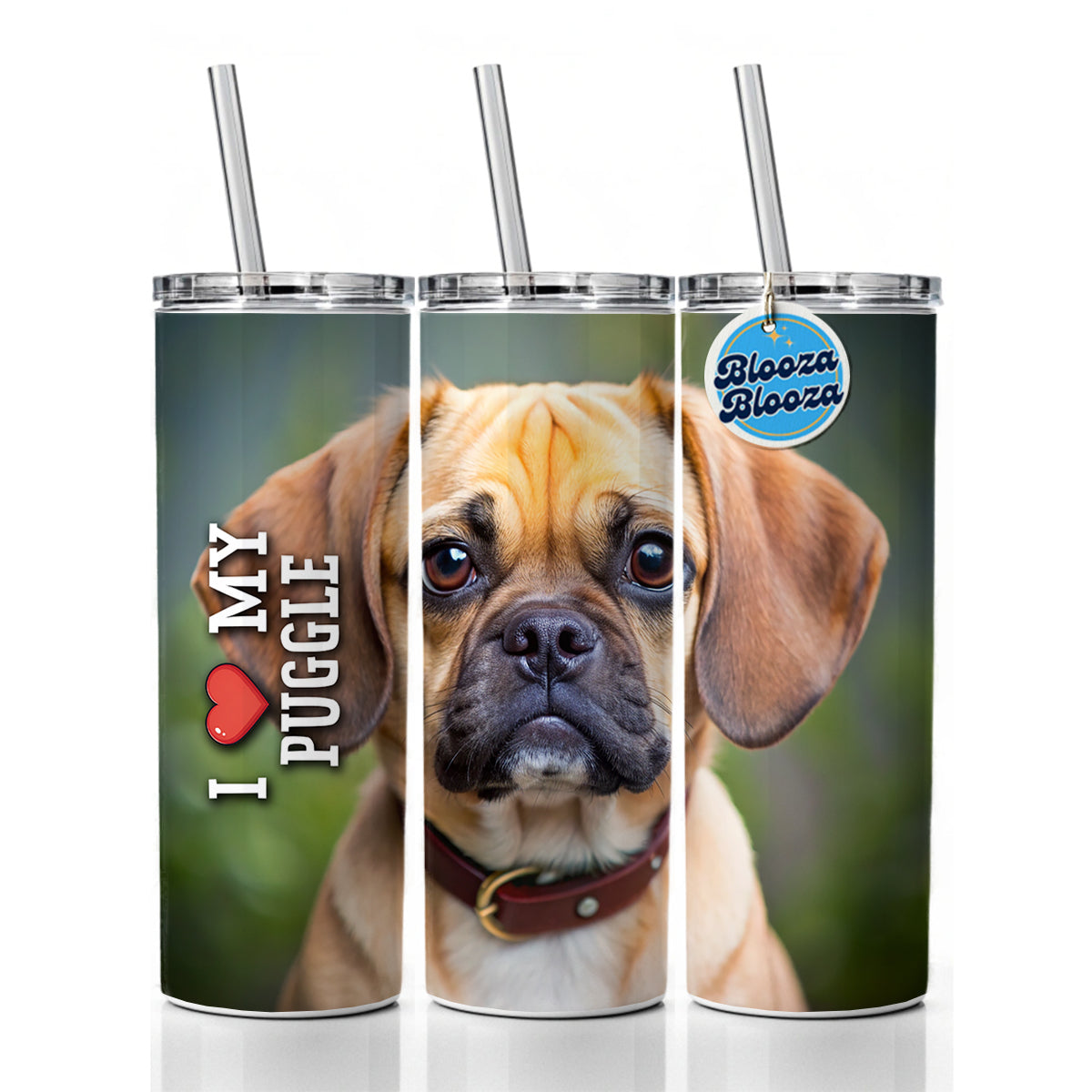 I Love My Puggle Dog Heart Skinny Tumbler 20oz with Straw Insulated Water Bottle Gift