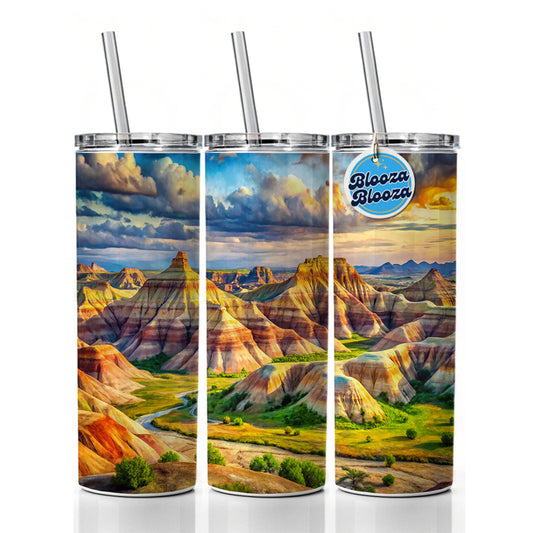 Badlands National Park South Dakota Watercolor Style Skinny Tumbler 20oz with Straw Insulated Water Bottle Gift