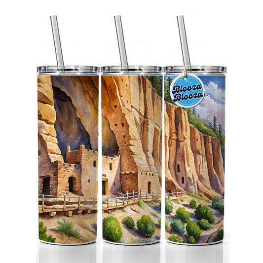 Bandelier National Monument New Mexico Watercolor Style Skinny Tumbler 20oz with Straw Insulated Water Bottle Gift