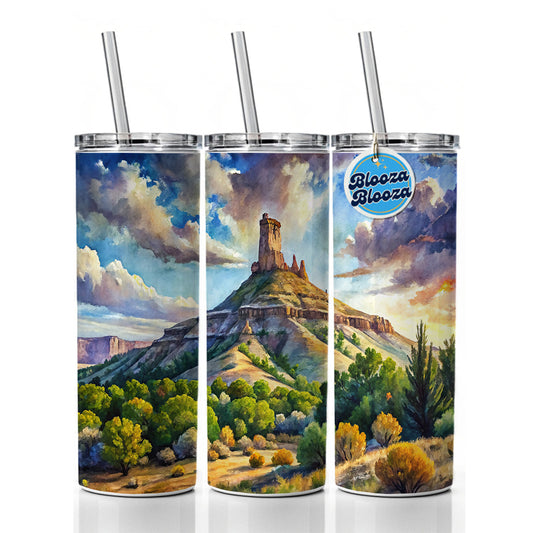 Chimney Rock National Monument Colorado Watercolor Style Skinny Tumbler 20oz with Straw Insulated Water Bottle Gift