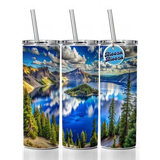 Crater Lake National Park Oregon Watercolor Style Skinny Tumbler 20oz with Straw Insulated Water Bottle Gift