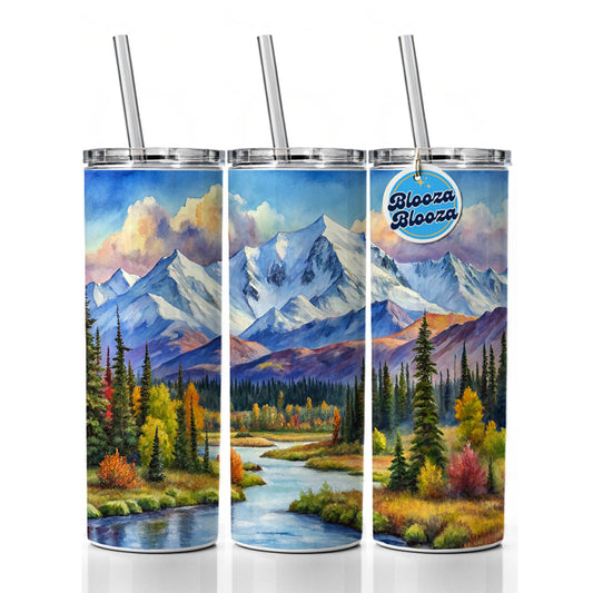 Denali National Park Alaska Watercolor Style Skinny Tumbler 20oz with Straw Insulated Water Bottle Gift