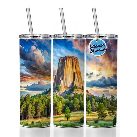 Devils Tower National Monument Wyoming Watercolor Style Skinny Tumbler 20oz with Straw Insulated Water Bottle Gift