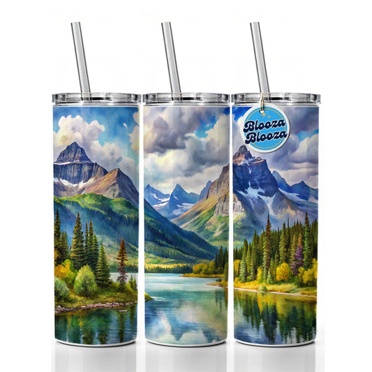 Glacier National Park Montana Watercolor Style Skinny Tumbler 20oz with Straw Insulated Water Bottle Gift