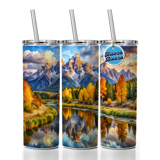 Grand Teton National Park Wyoming Watercolor Style Skinny Tumbler 20oz with Straw Insulated Water Bottle Gift